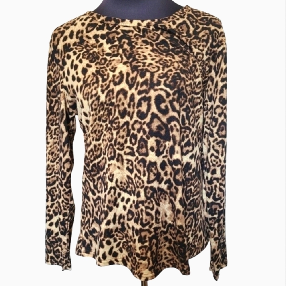 TRÏBE Black & Tan Leopard Print Long Sleeve Cotton Blend Top Size M NWT